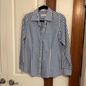 Foxcroft Blue and White Vertical Stripe Dress Shirt Wrinkle Free